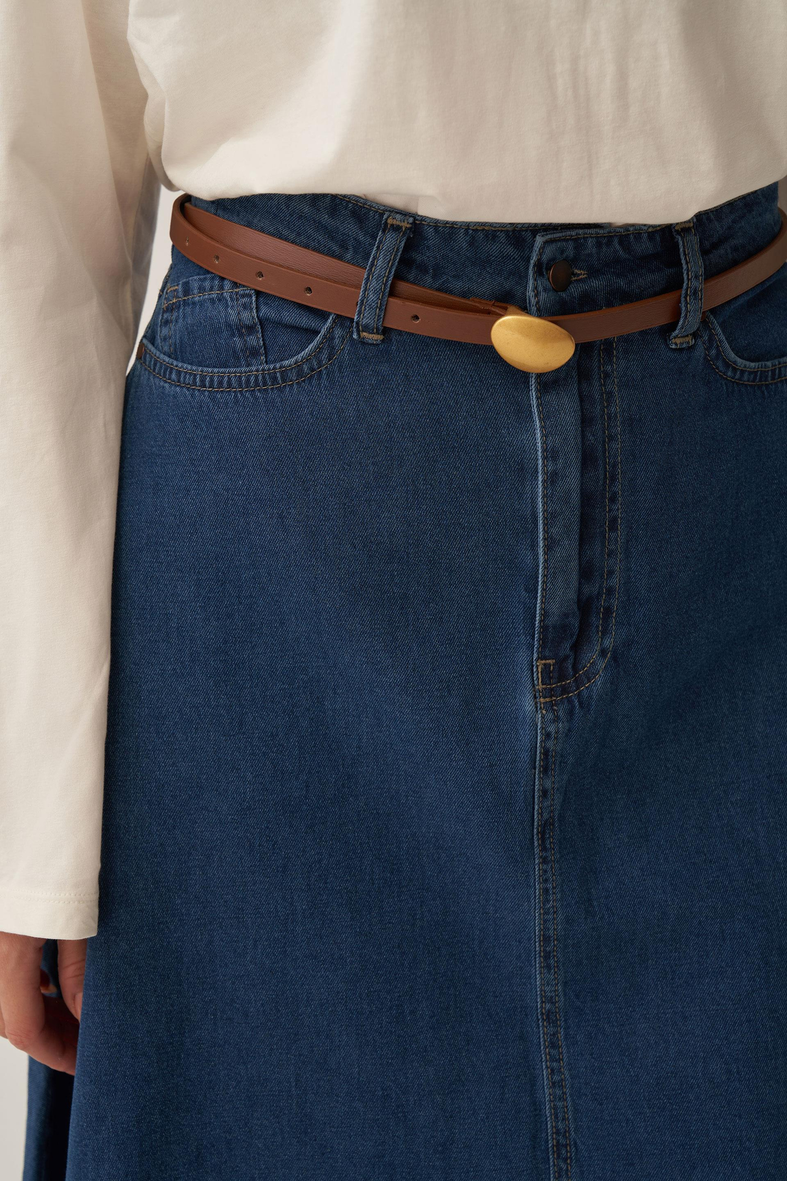 Dark Blue-5 Pocket Flared Denim Skirt