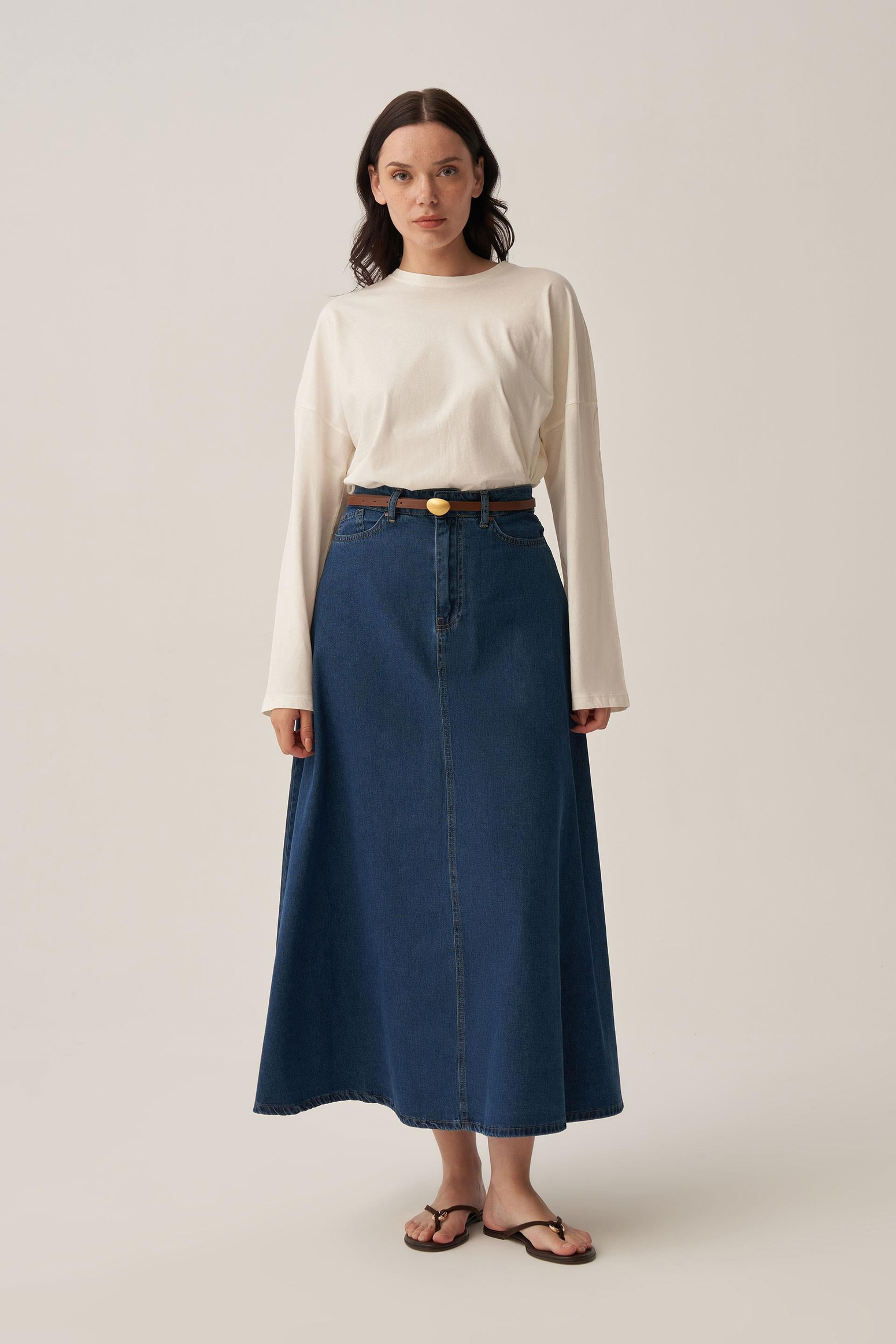 Dark Blue-5 Pocket Flared Denim Skirt