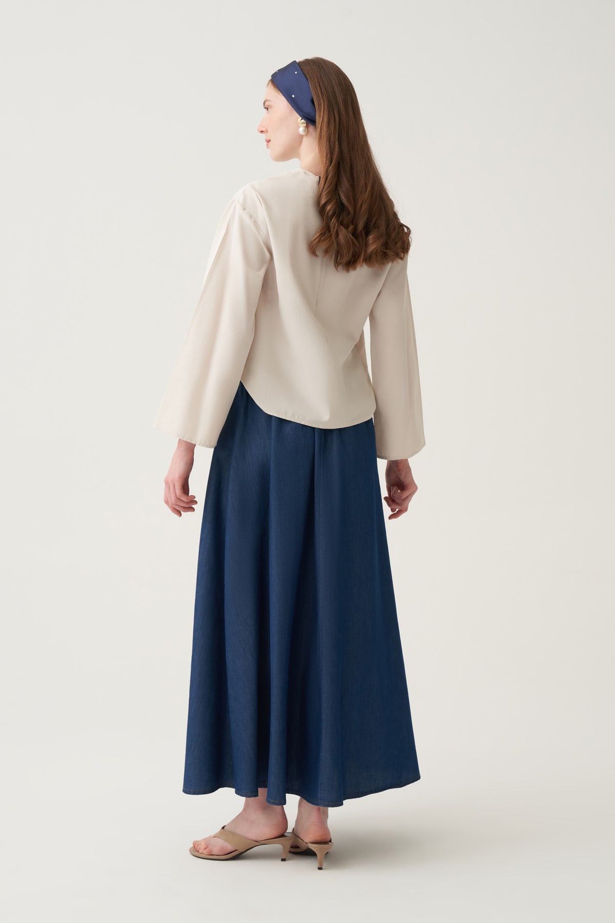 Koyu Mavi-Beli Lastikli Denim Kloş Etek