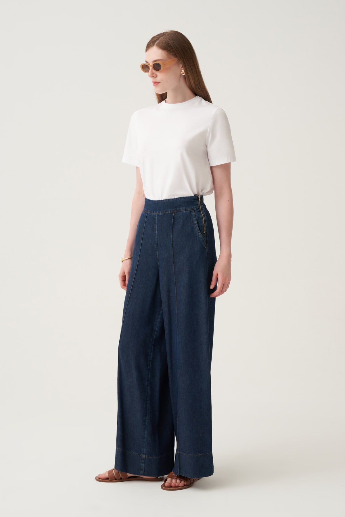 Koyu Mavi-Bol Paça Denim Tensel Pantolon