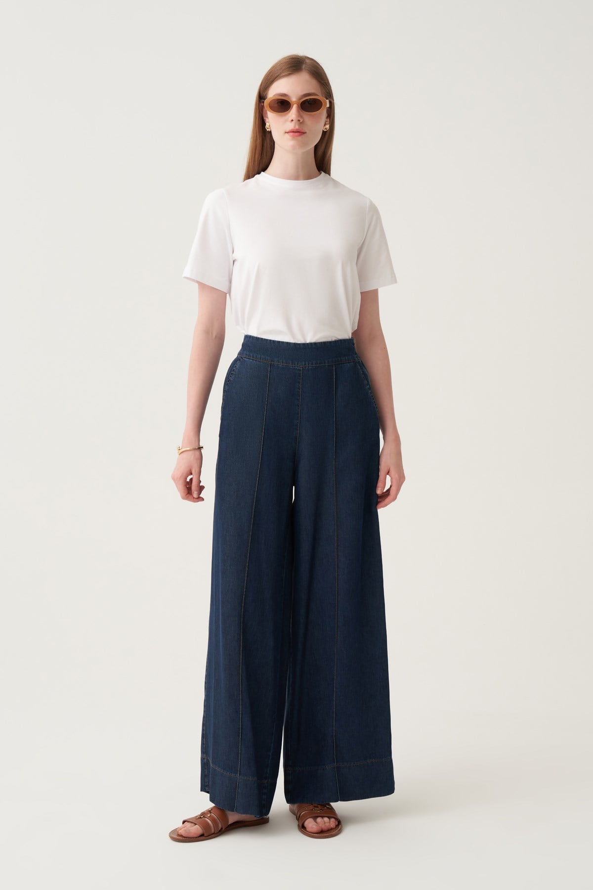 Koyu Mavi-Bol Paça Denim Tensel Pantolon