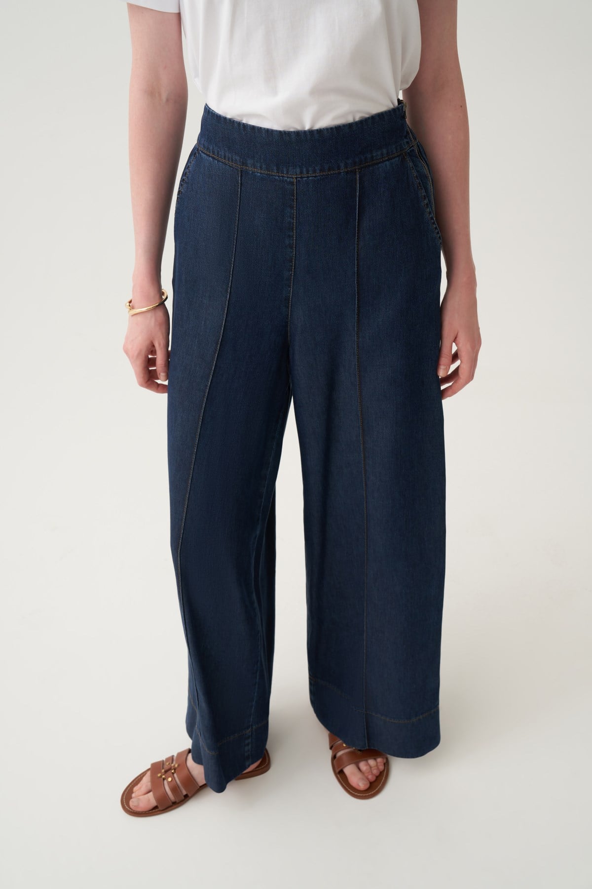 Koyu Mavi-Bol Paça Denim Tensel Pantolon