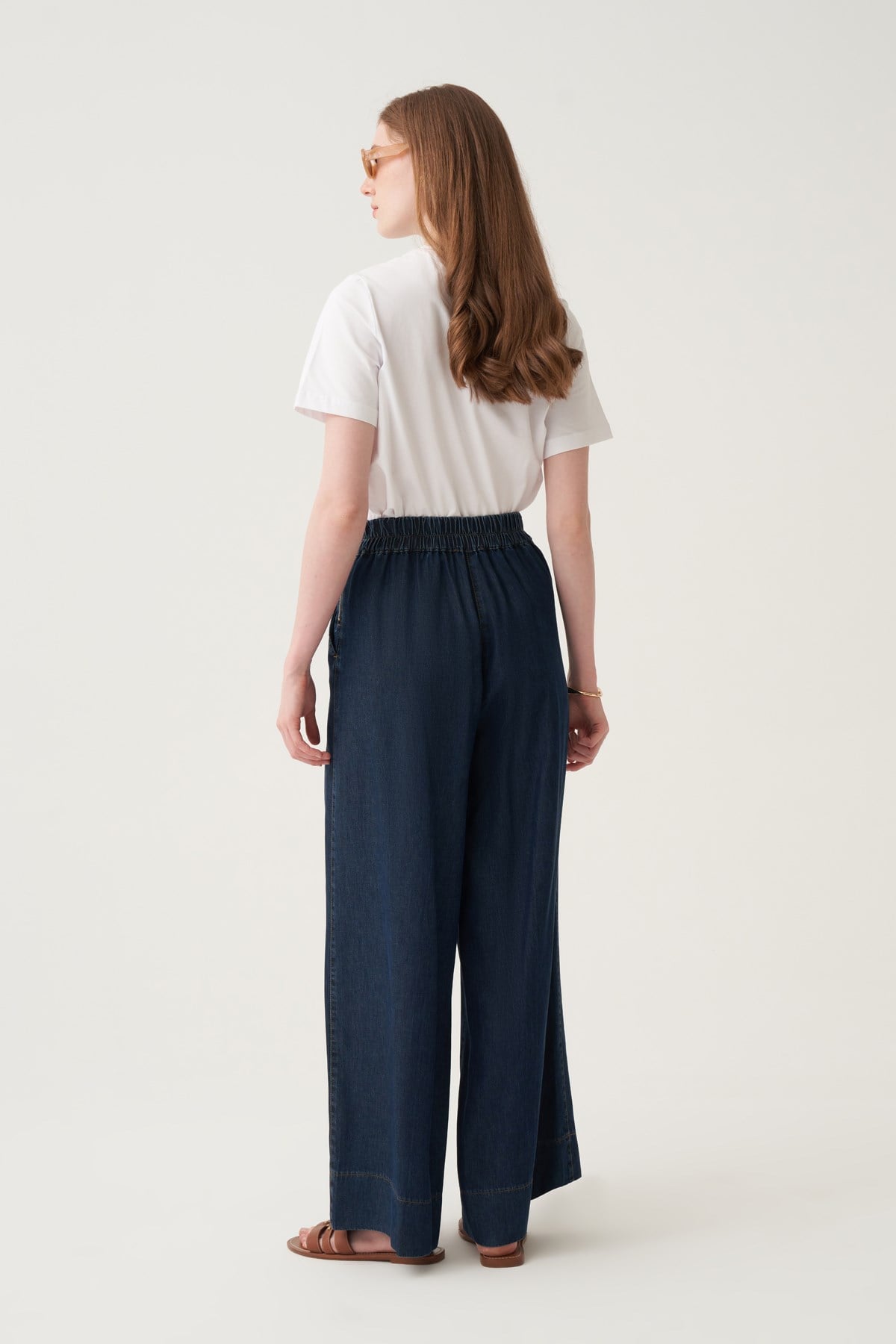Koyu Mavi-Bol Paça Denim Tensel Pantolon