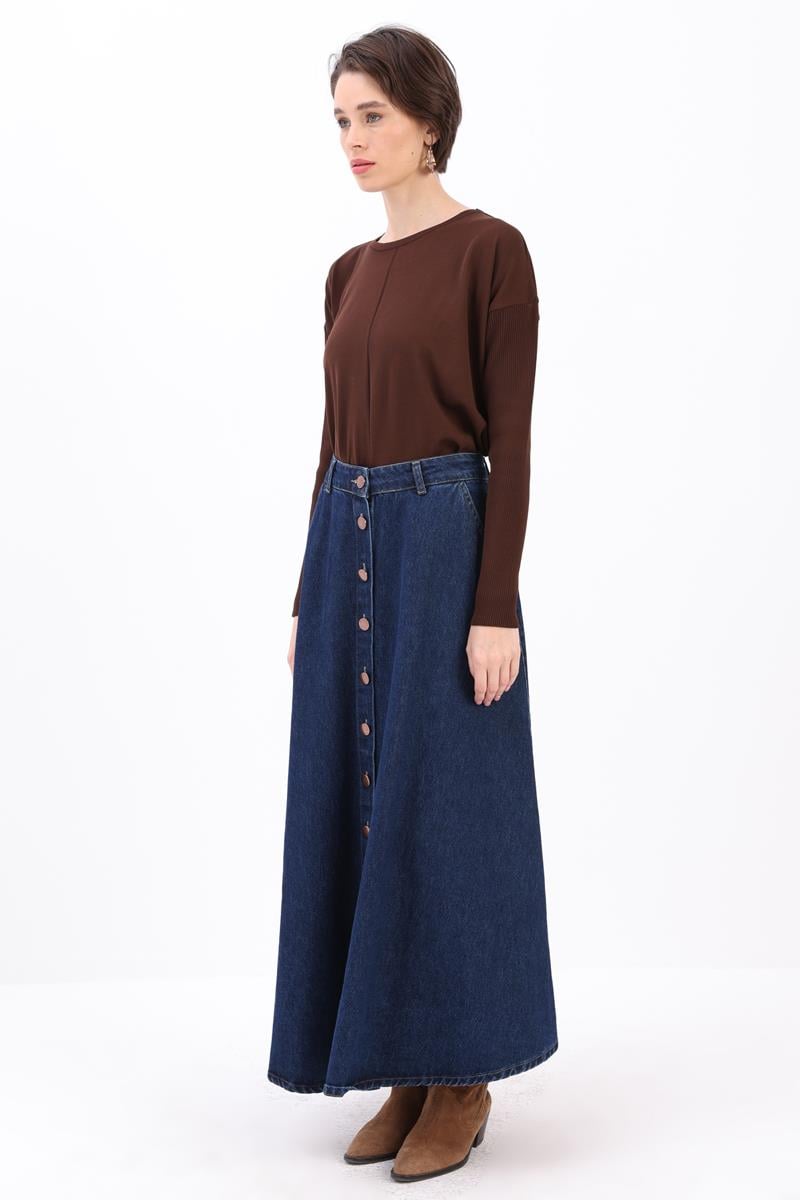 Koyu Mavi-BOYDAN DÜĞMELİ DENİM ETEK