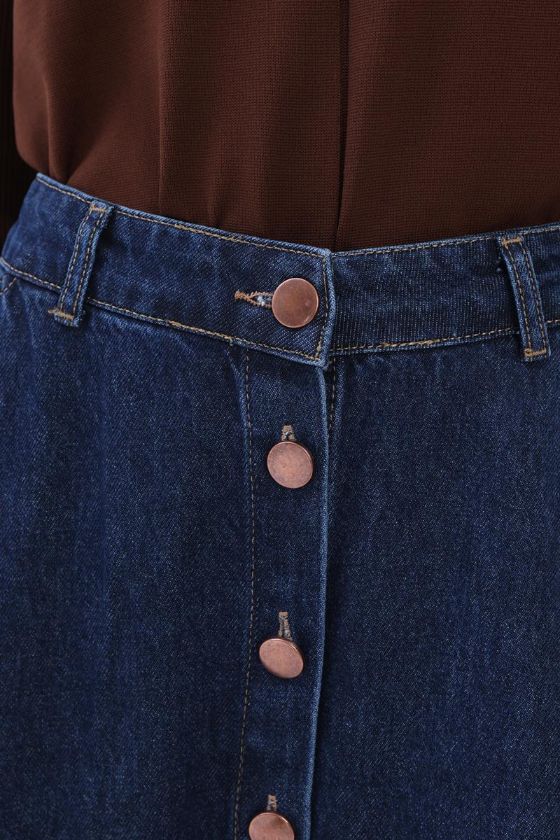 Koyu Mavi-BOYDAN DÜĞMELİ DENİM ETEK