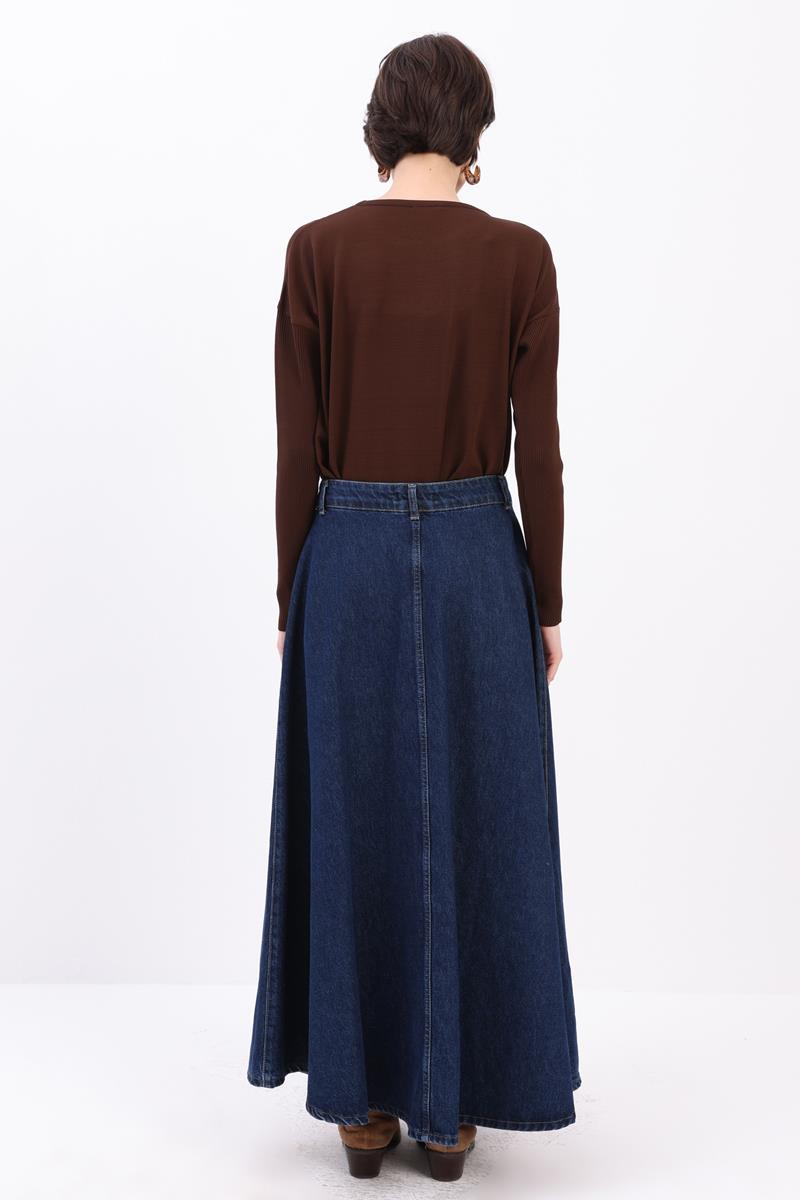 Koyu Mavi-BOYDAN DÜĞMELİ DENİM ETEK