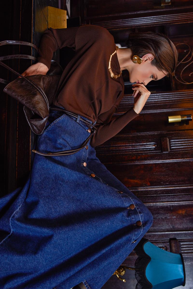 Koyu Mavi-BOYDAN DÜĞMELİ DENİM ETEK