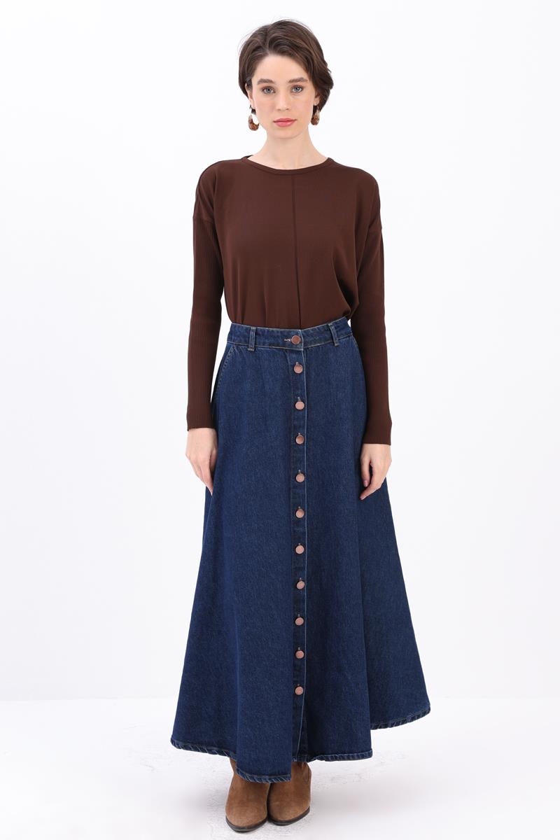 Koyu Mavi-BOYDAN DÜĞMELİ DENİM ETEK