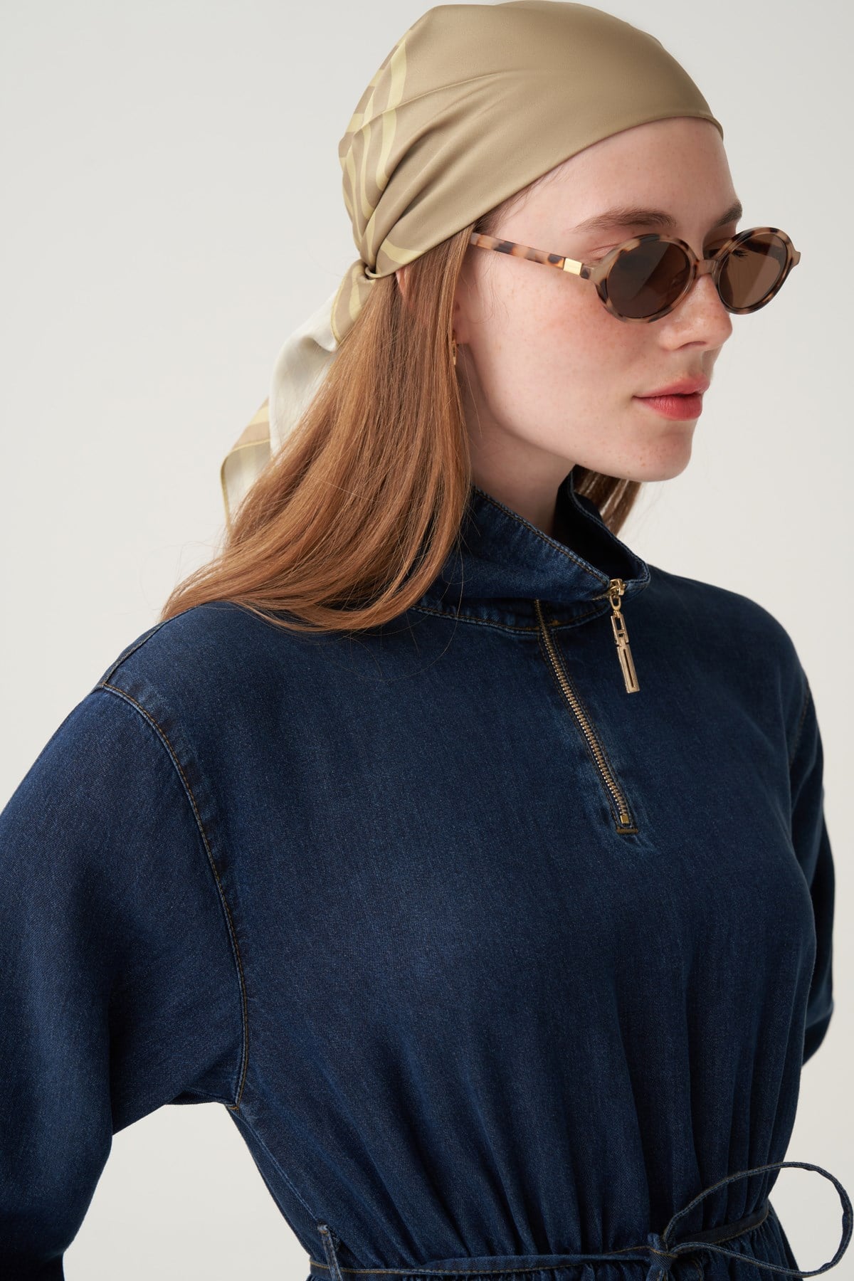 Koyu Mavi-Fermuarlı Kemerli Denim Tensel Elbise
