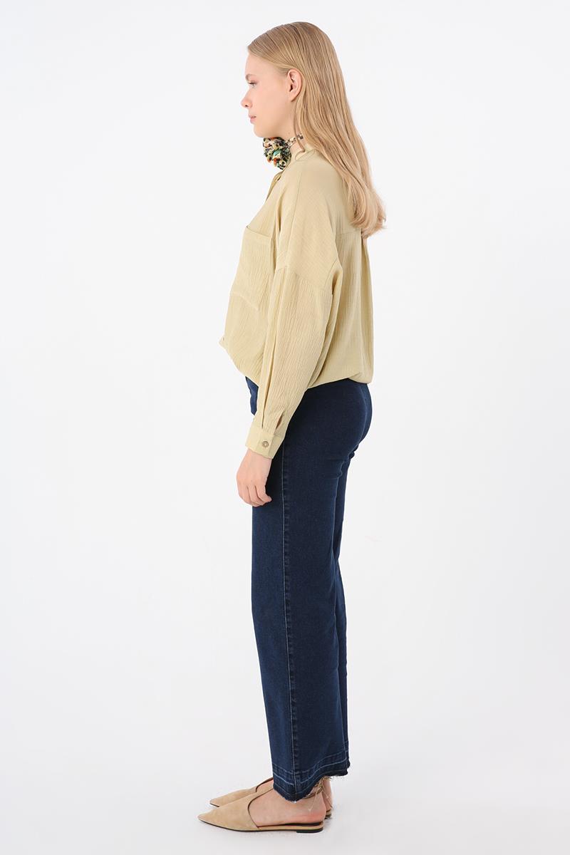 Koyu Mavi-Pamuklu Wide Leg Denim Pantolon