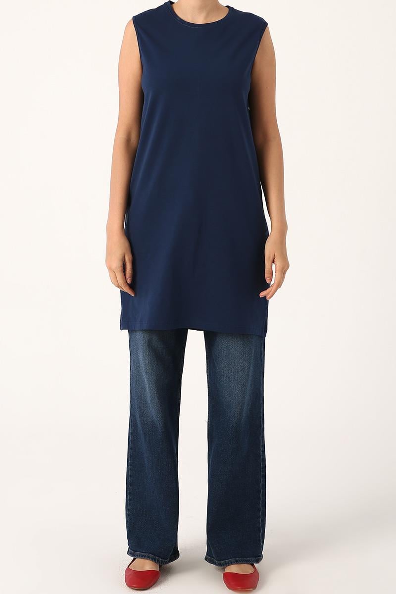 Dark Blue-Cotton Collar Piping Sleeveless Tunic