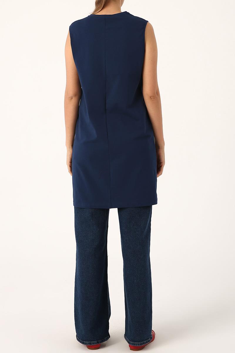 Dark Blue-Cotton Collar Piping Sleeveless Tunic