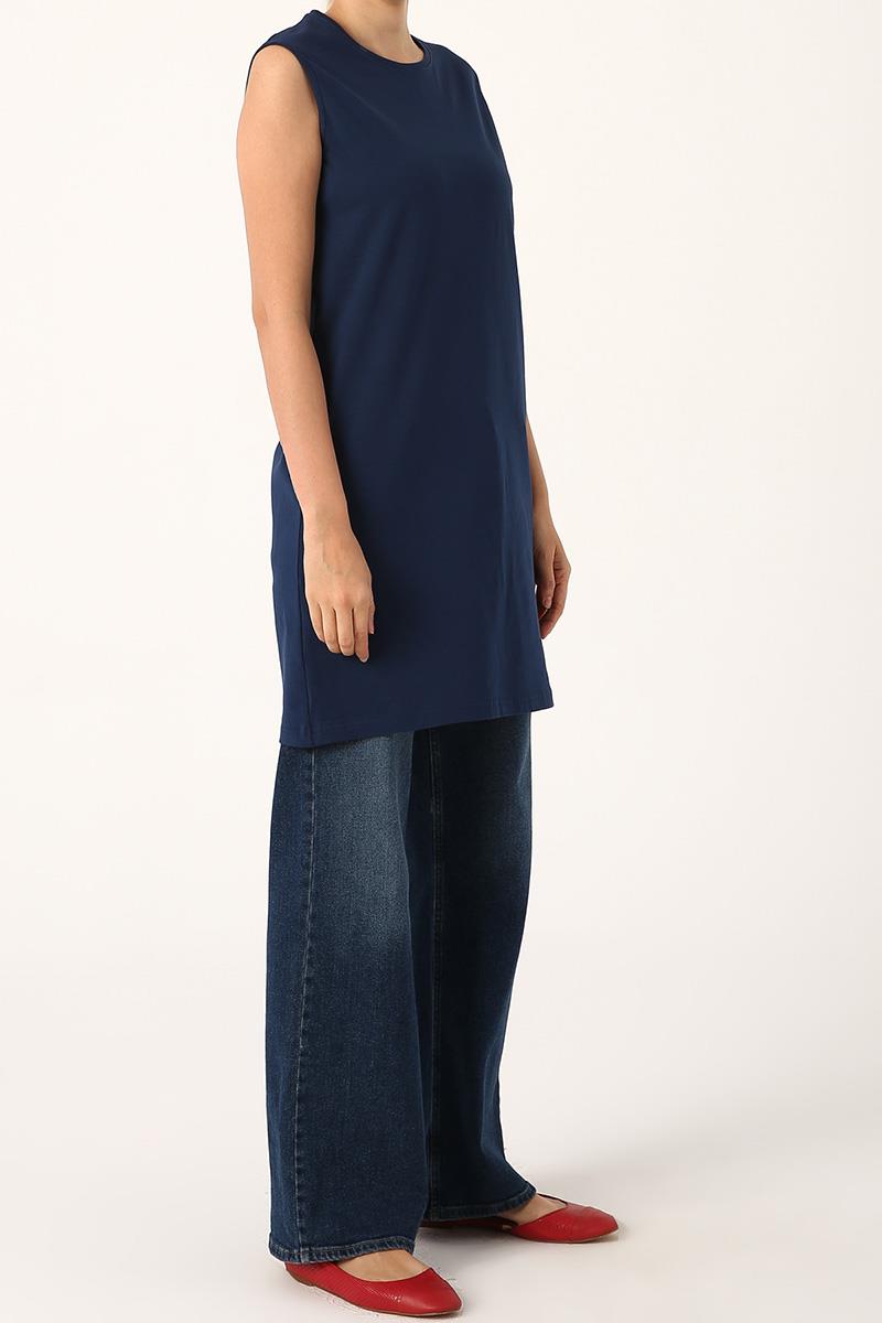 Dark Blue-Cotton Collar Piping Sleeveless Tunic