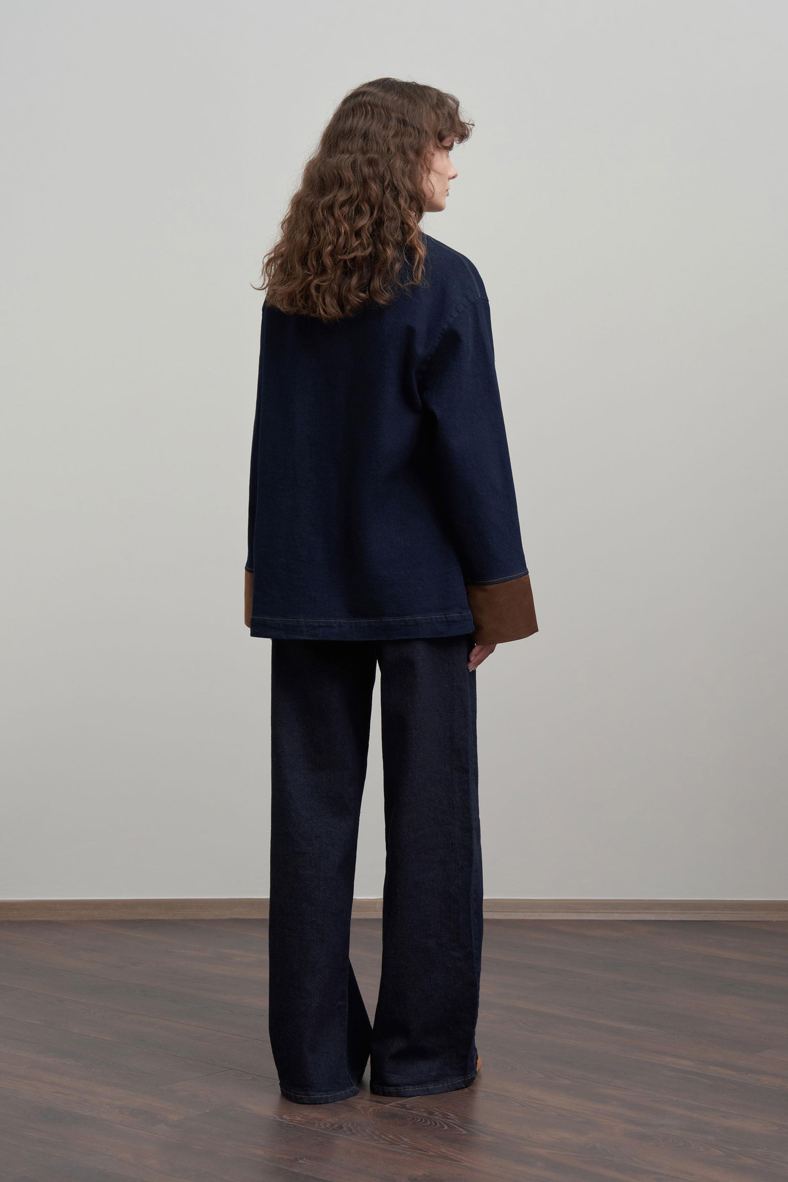 Koyu Mavi-Süet Garnili Denim Ceket