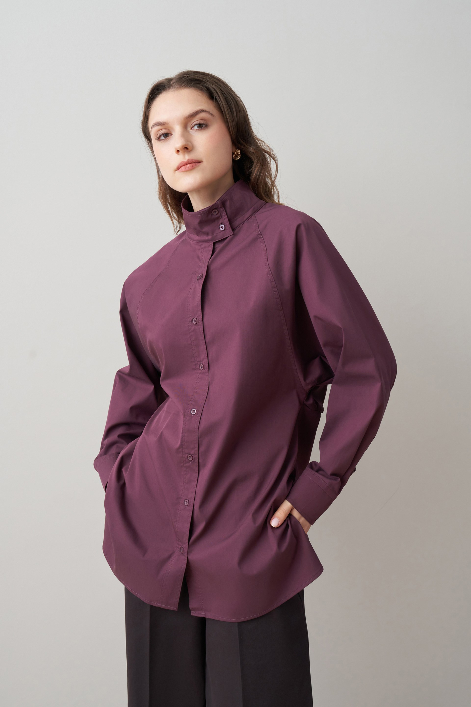 Koyu Mürdüm-Yüksek Yaka Reglan Gömlek
