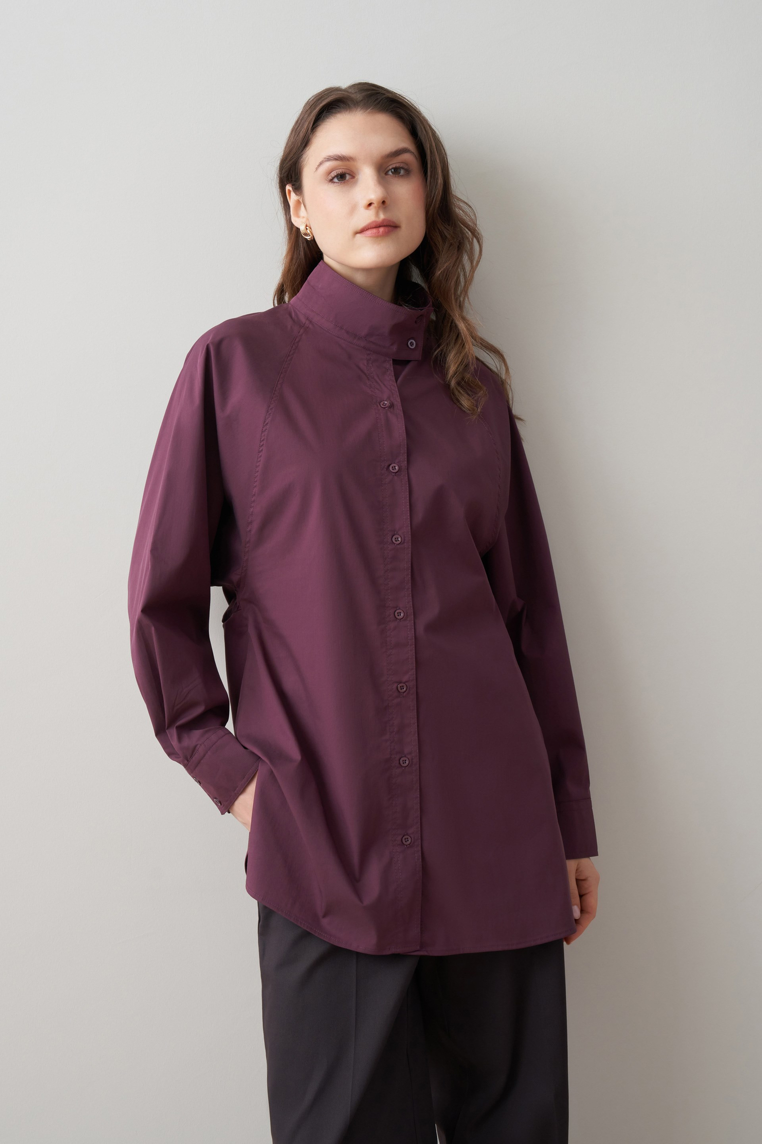 Koyu Mürdüm-Yüksek Yaka Reglan Gömlek