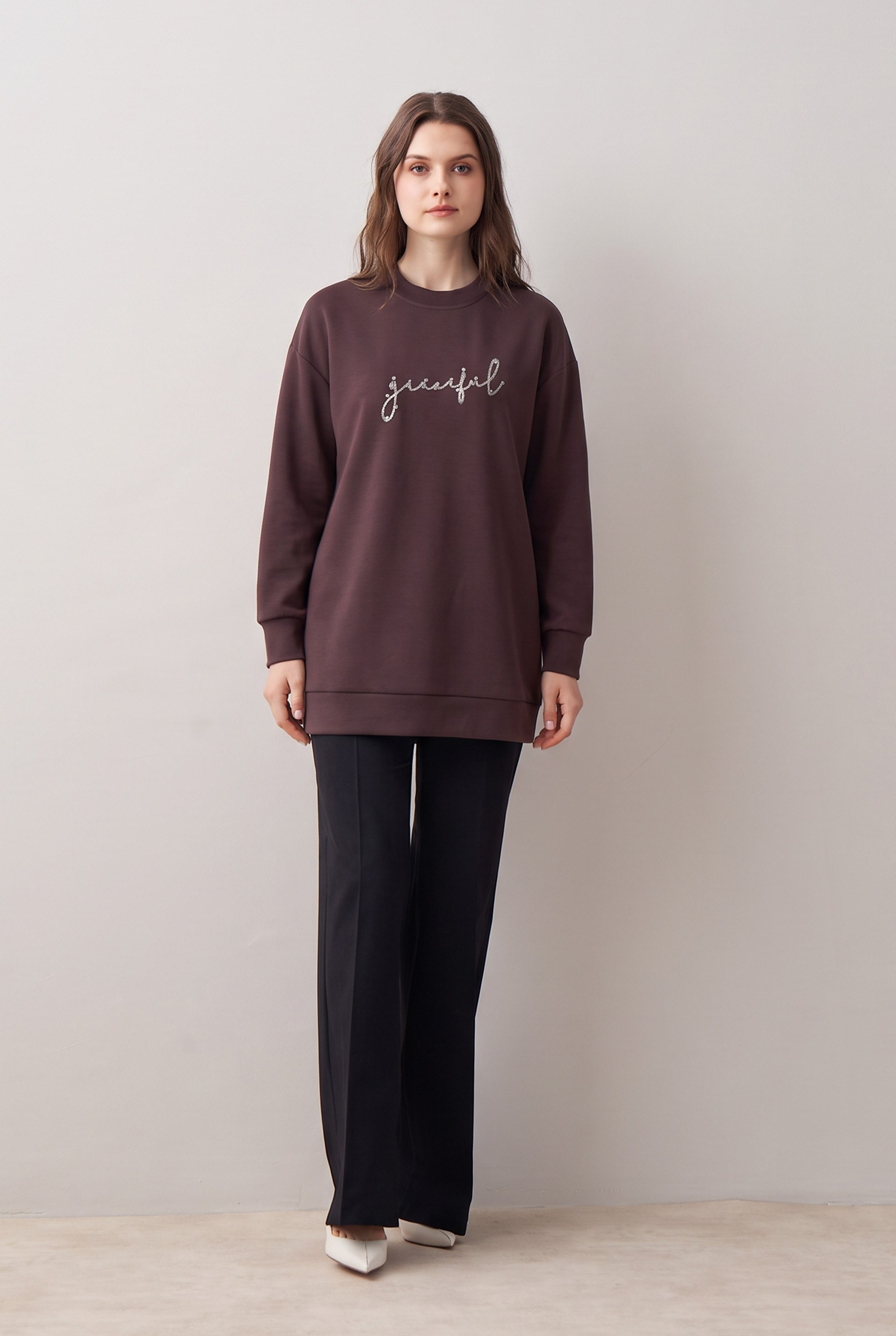 Koyu Mürdüm-Yumuşak Dokulu Sweatshirt