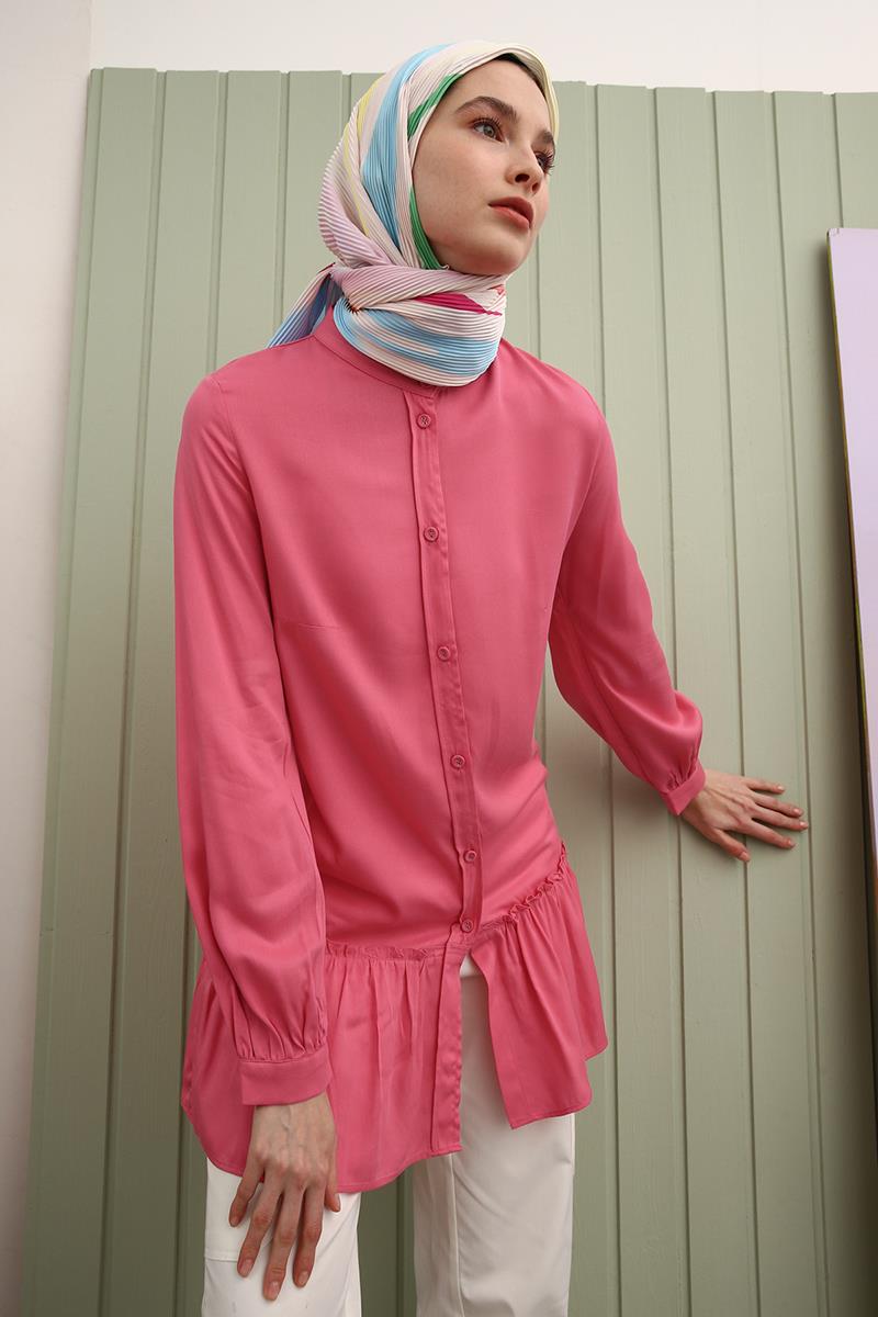 Koyu Pembe-Doğal Kumaş Eteği Fırfırlı Hakim Yaka Gömlek Tunik
