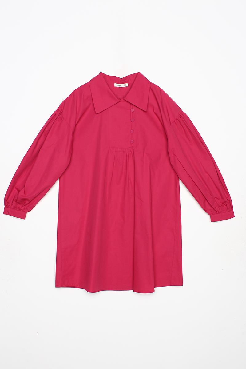 Koyu Pembe-Gömlek Yakalı Büzgü Detaylı Oversize Tunik