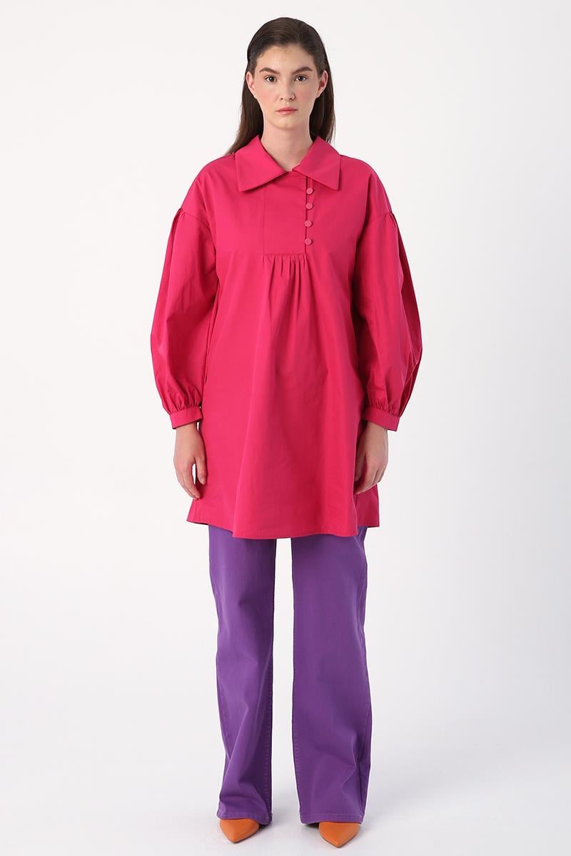 Koyu Pembe-Gömlek Yakalı Büzgü Detaylı Oversize Tunik