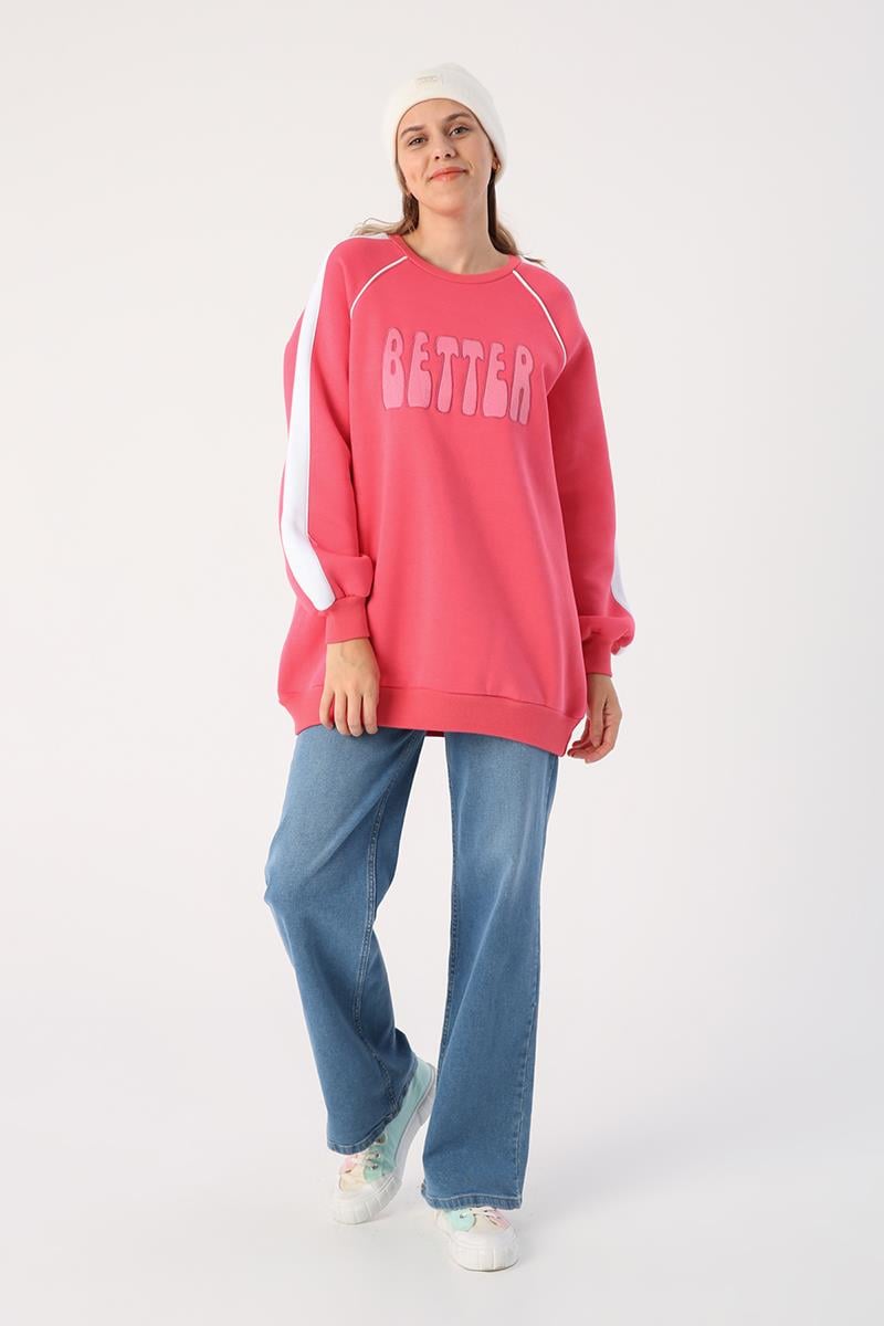 Koyu Pembe-Kontrast Garnili Nakışlı Şardonlu Sweatshirt