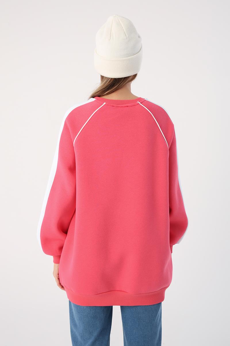 Koyu Pembe-Kontrast Garnili Nakışlı Şardonlu Sweatshirt