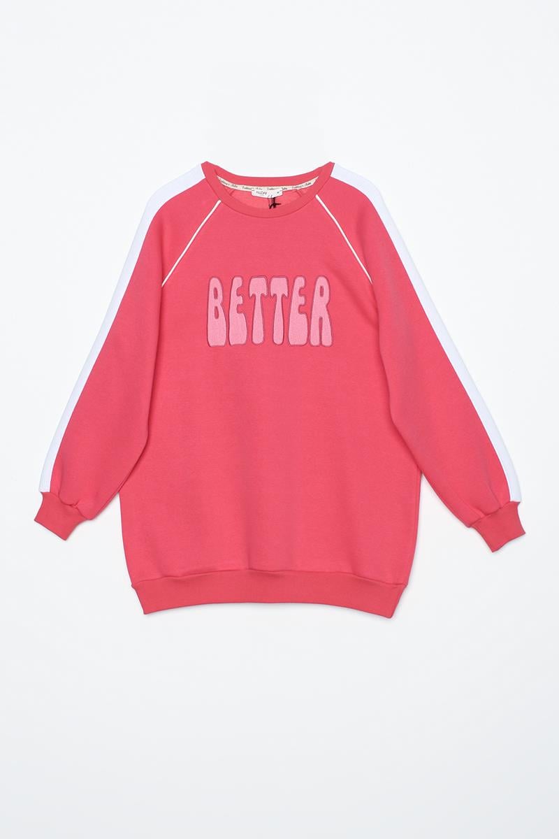 Koyu Pembe-Kontrast Garnili Nakışlı Şardonlu Sweatshirt