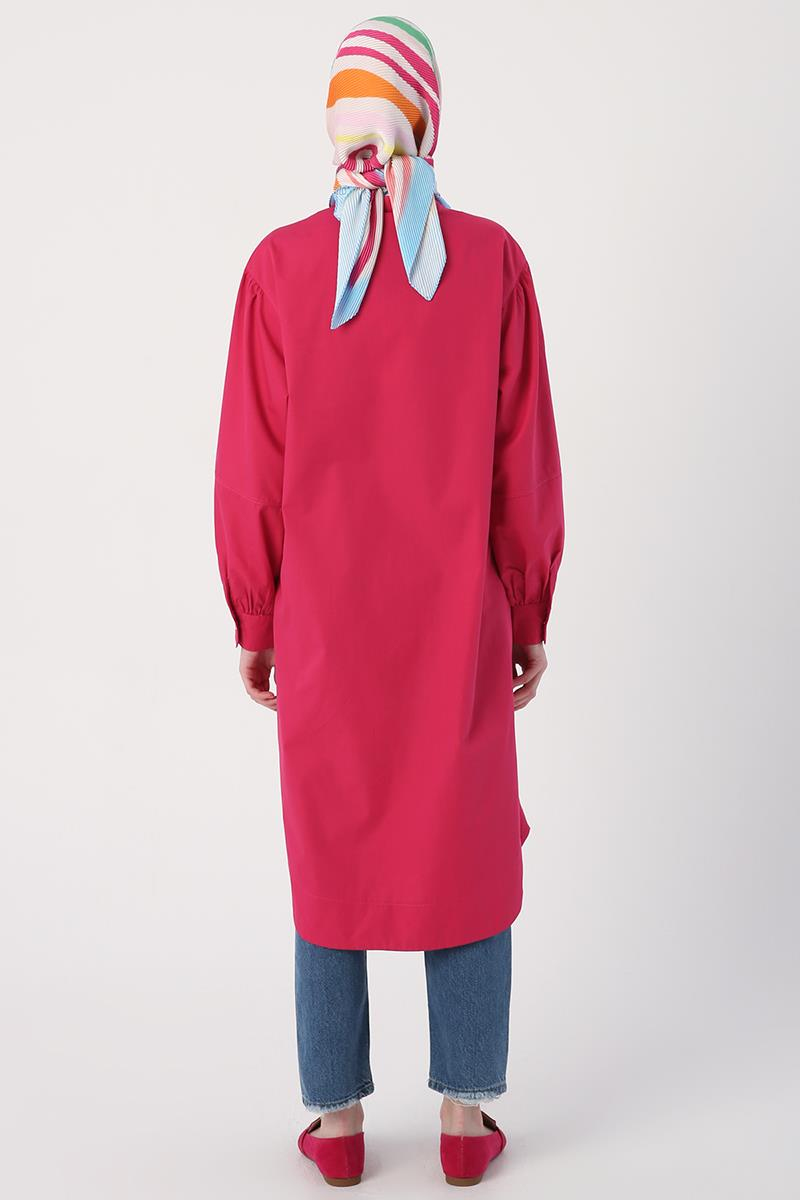 Koyu Pembe-Oversize Büyük Cepli Eteği Oval Kesim Uzun Tunik