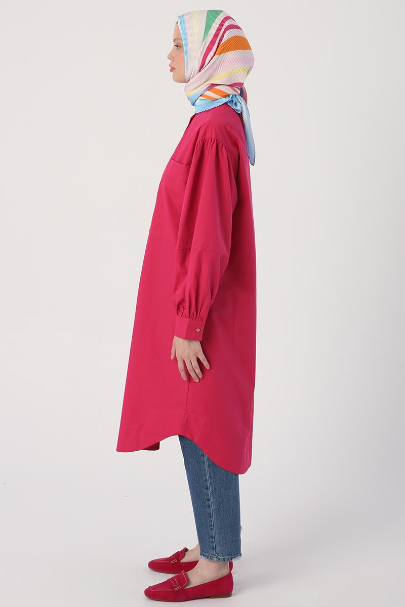 Koyu Pembe-Oversize Büyük Cepli Eteği Oval Kesim Uzun Tunik