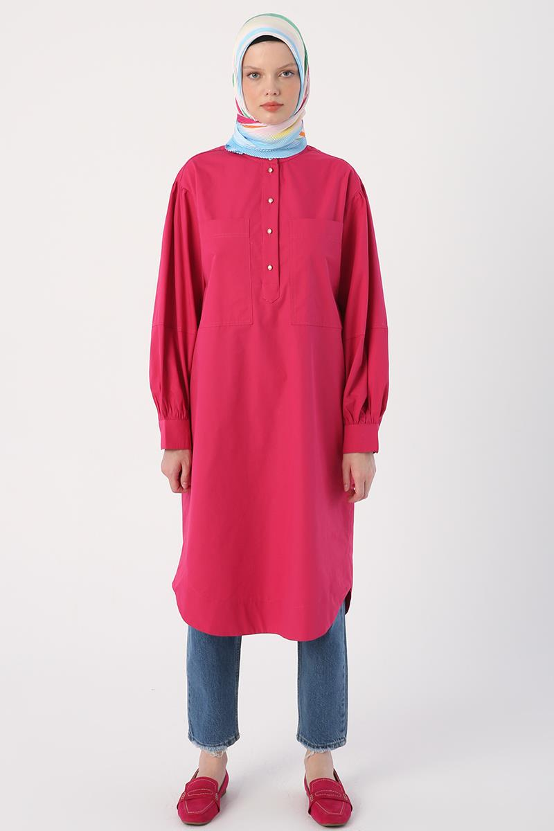 Koyu Pembe-Oversize Büyük Cepli Eteği Oval Kesim Uzun Tunik