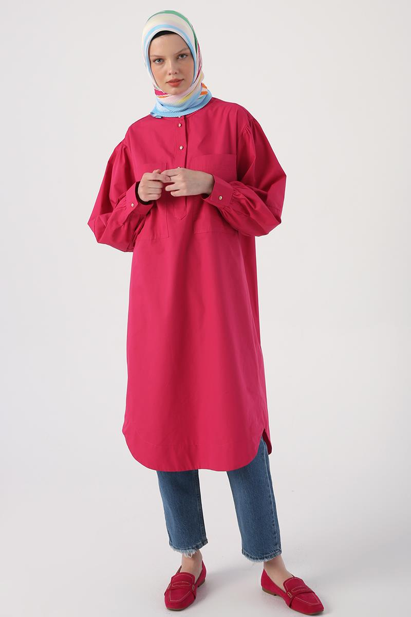 Koyu Pembe-Oversize Büyük Cepli Eteği Oval Kesim Uzun Tunik