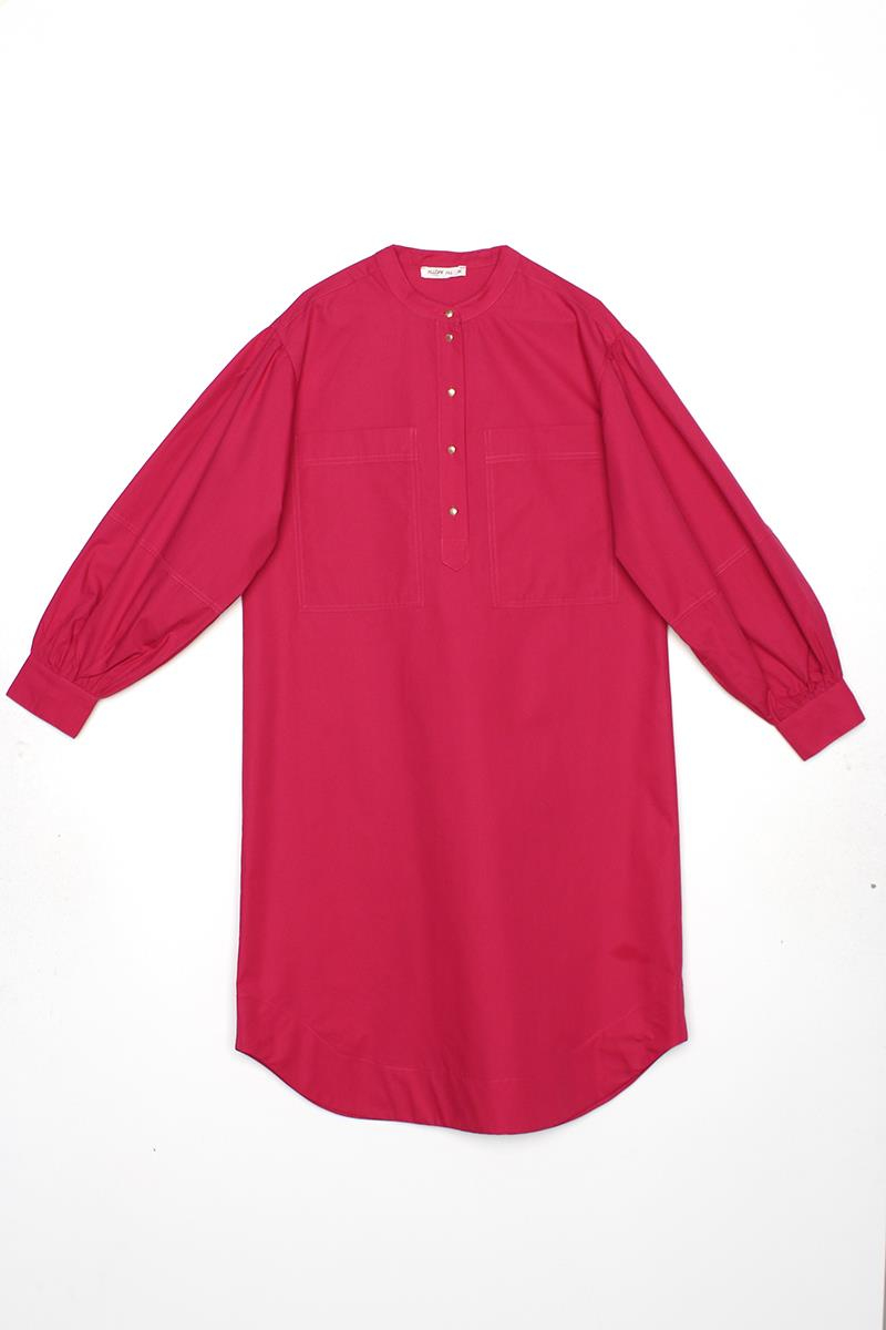 Koyu Pembe-Oversize Büyük Cepli Eteği Oval Kesim Uzun Tunik