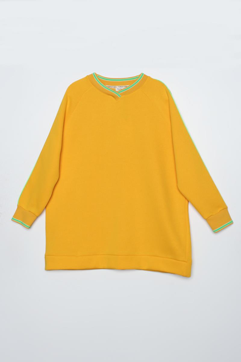 Koyu Sarı-Oversize Neon Detaylı Arkası Baskılı Şardonlu Sweatshirt