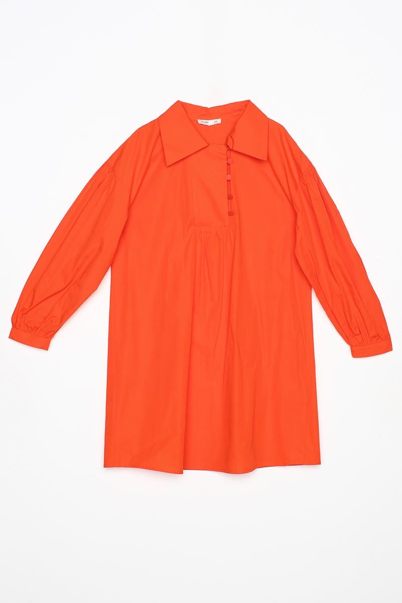 Dark Orange-Shirt Collar Oversize Tunic with Gather Detail