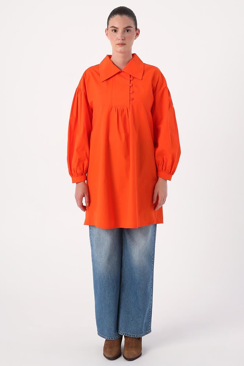 Dark Orange-Shirt Collar Oversize Tunic with Gather Detail