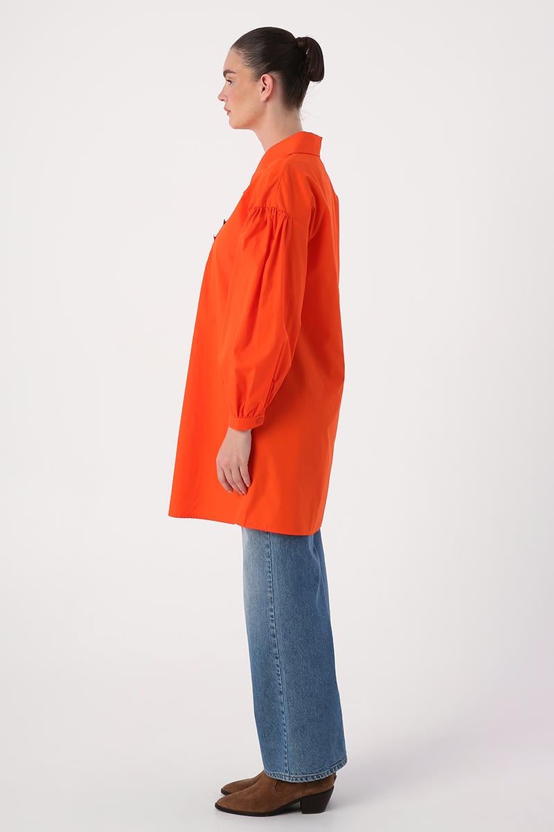 Dark Orange-Shirt Collar Oversize Tunic with Gather Detail