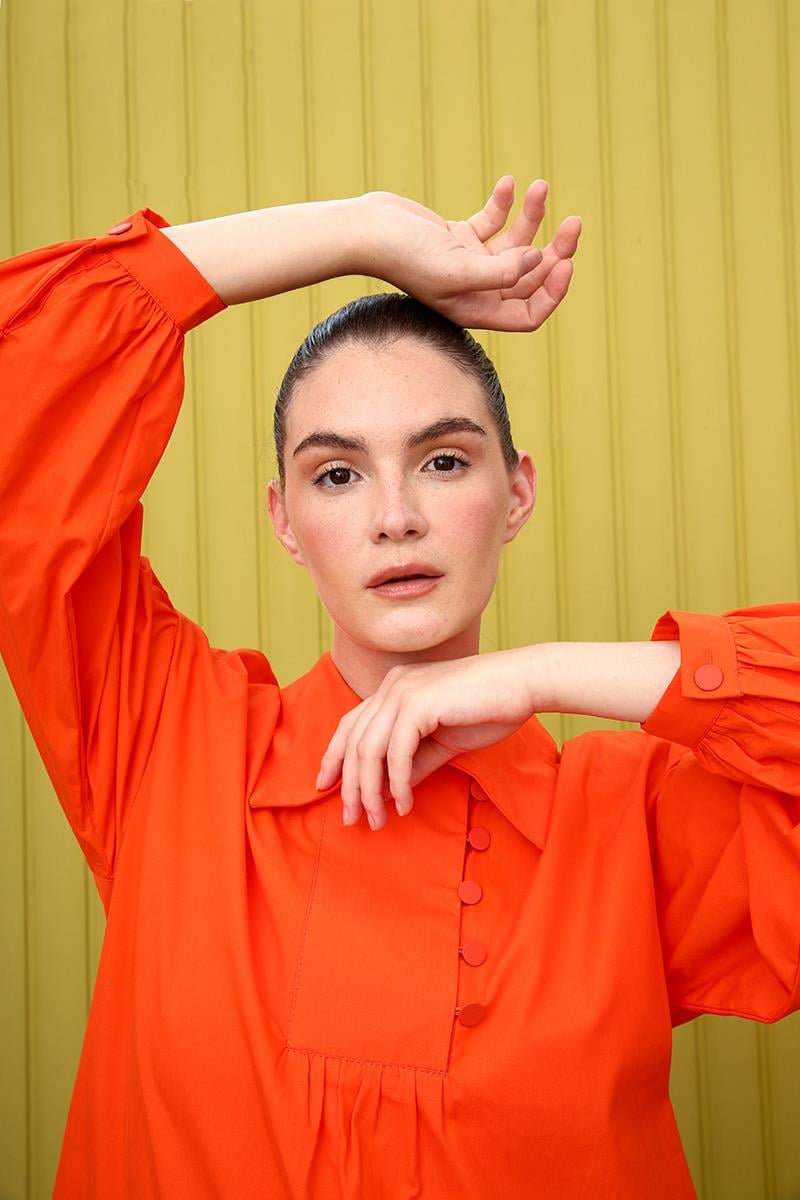 Dark Orange-Shirt Collar Oversize Tunic with Gather Detail