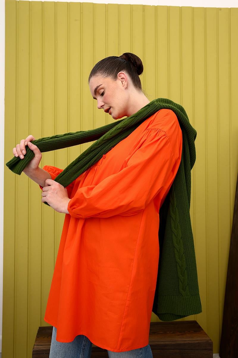 Dark Orange-Shirt Collar Oversize Tunic with Gather Detail