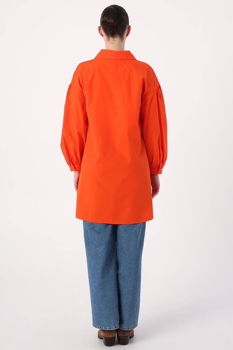 Dark Orange-Shirt Collar Oversize Tunic with Gather Detail