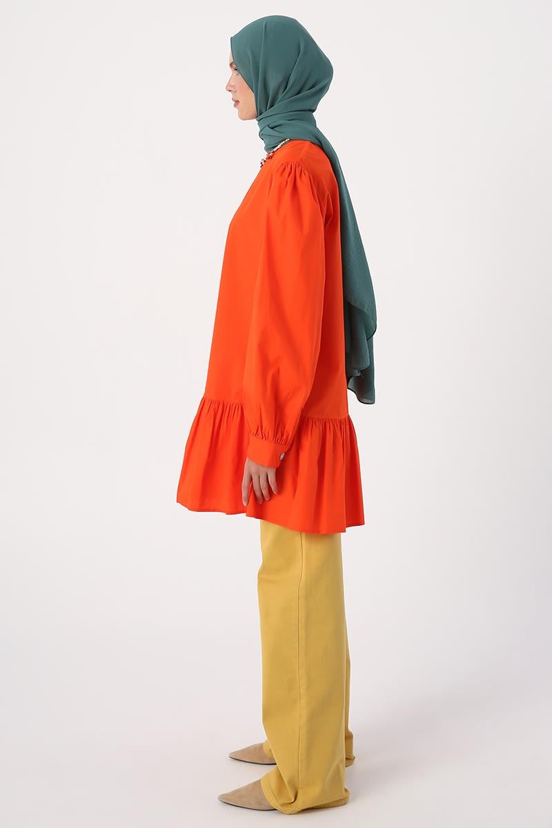 Dark Orange-Ribbed Collarless Cotton Tunic