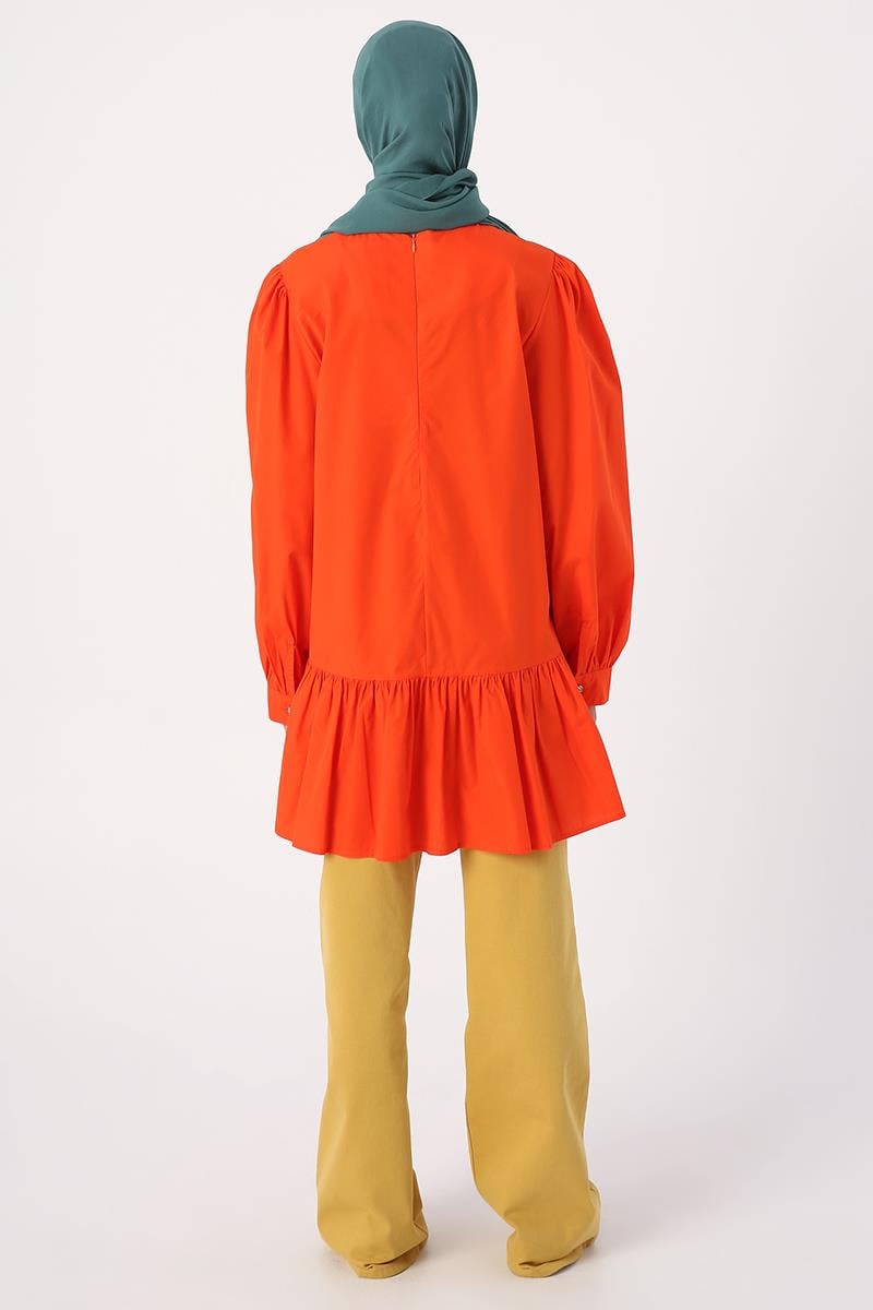 Dark Orange-Ribbed Collarless Cotton Tunic