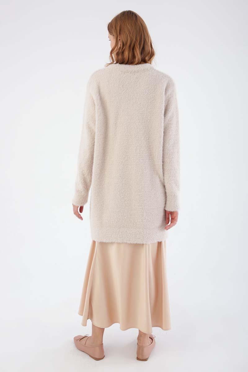 Krem-Bisiklet Yaka Triko Tunik