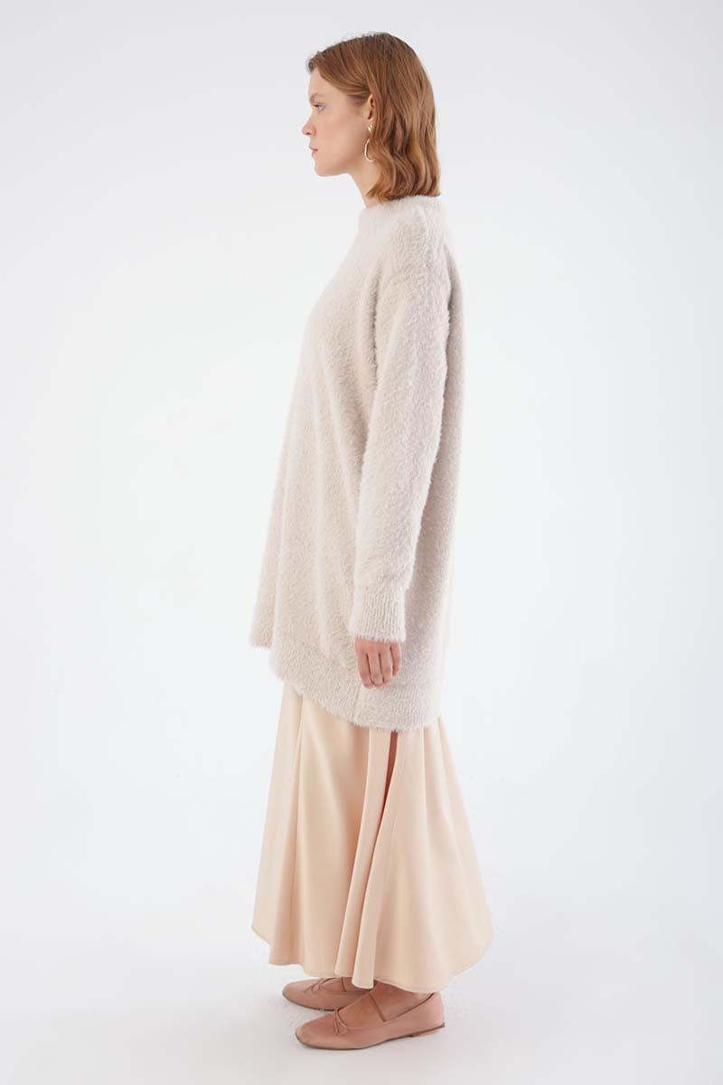 Krem-Bisiklet Yaka Triko Tunik