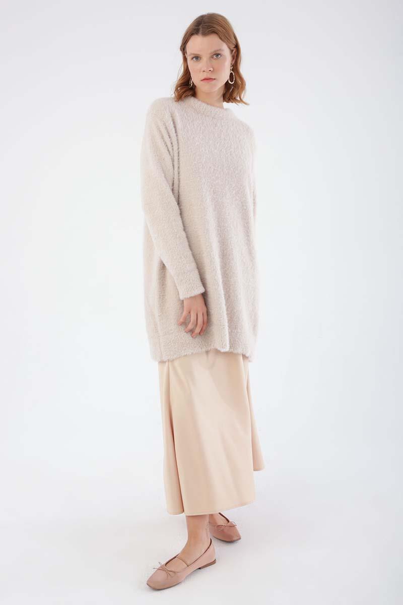 Krem-Bisiklet Yaka Triko Tunik