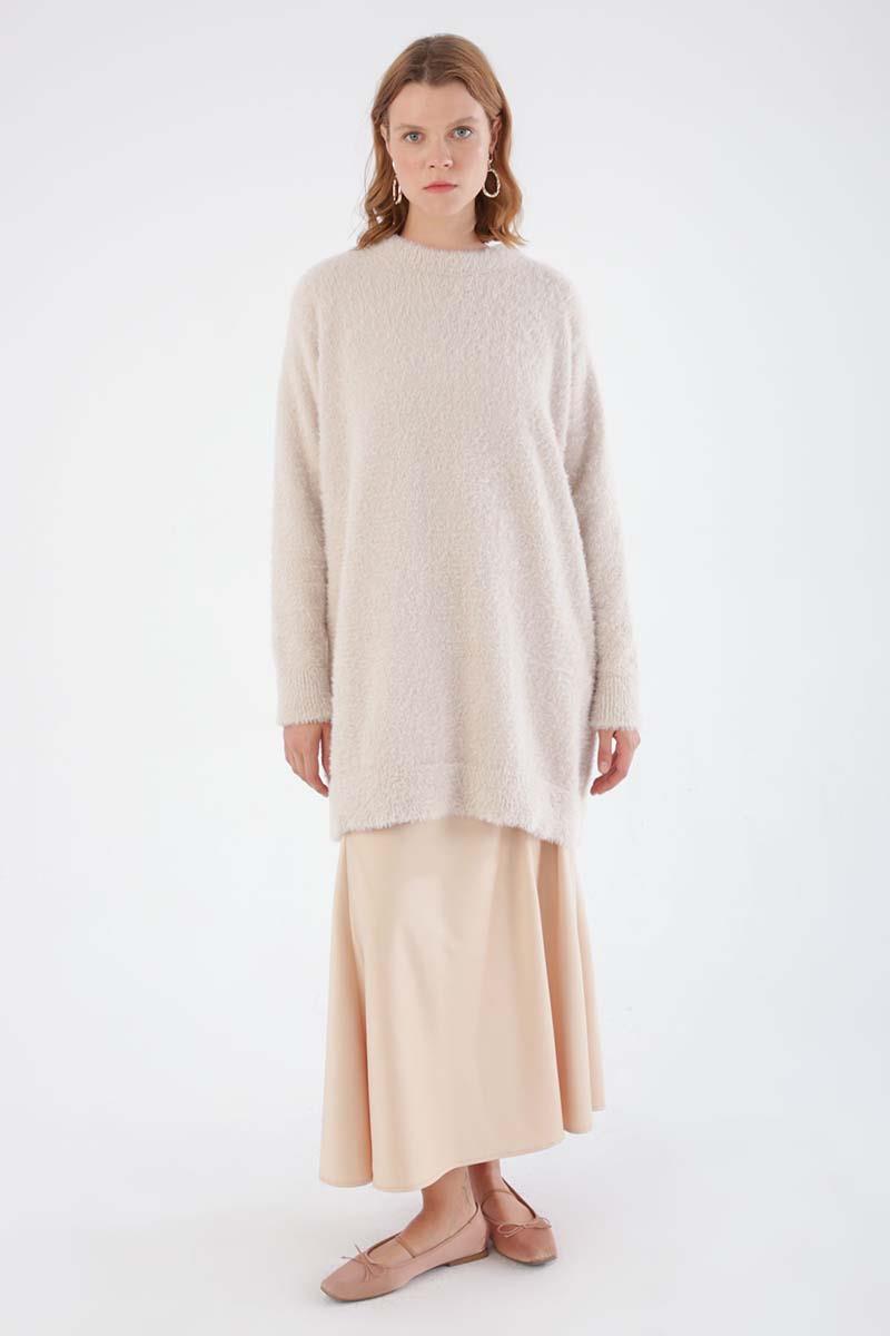 Krem-Bisiklet Yaka Triko Tunik