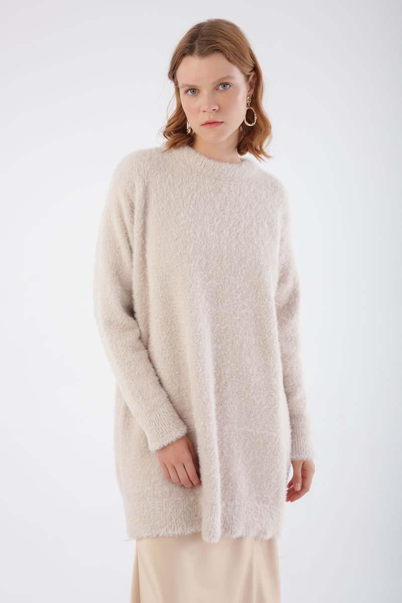 Krem-Bisiklet Yaka Triko Tunik