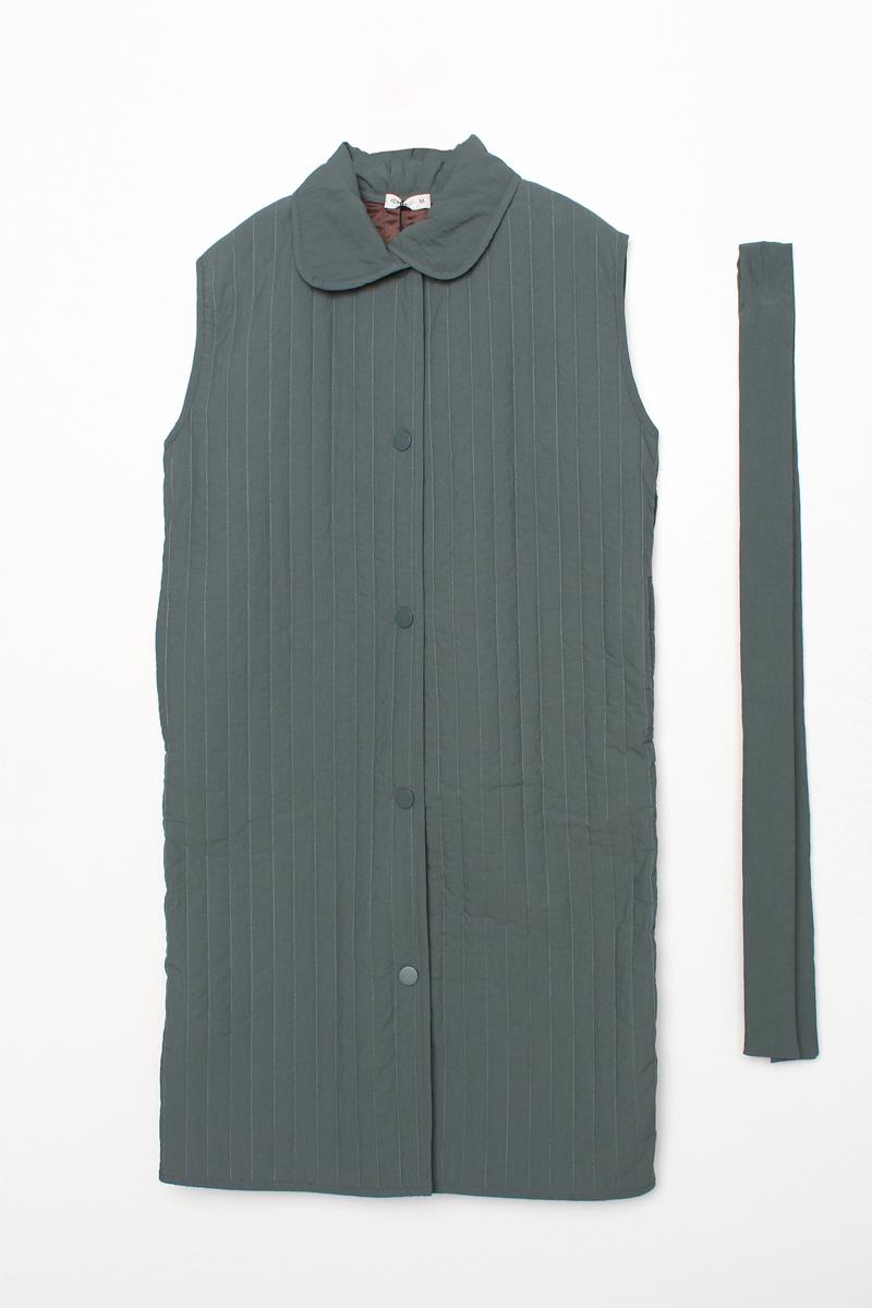 Küf Yeşili-Oversize Çıtçıtlı Dikey Çizgi Uzun Kapitone Yelek