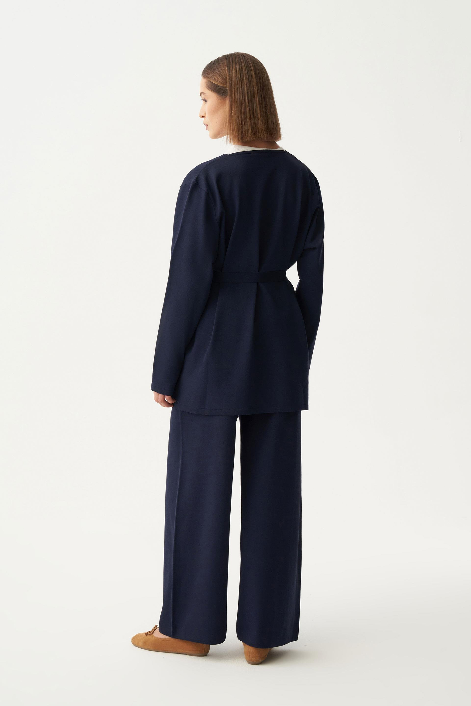 Lacivert-Belden Baglamalı Triko Pantolonlu Takım