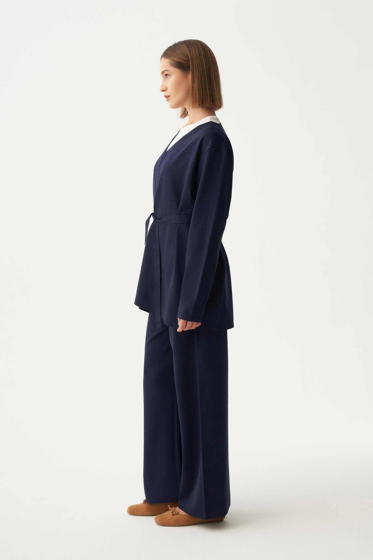 Lacivert-Belden Baglamalı Triko Pantolonlu Takım