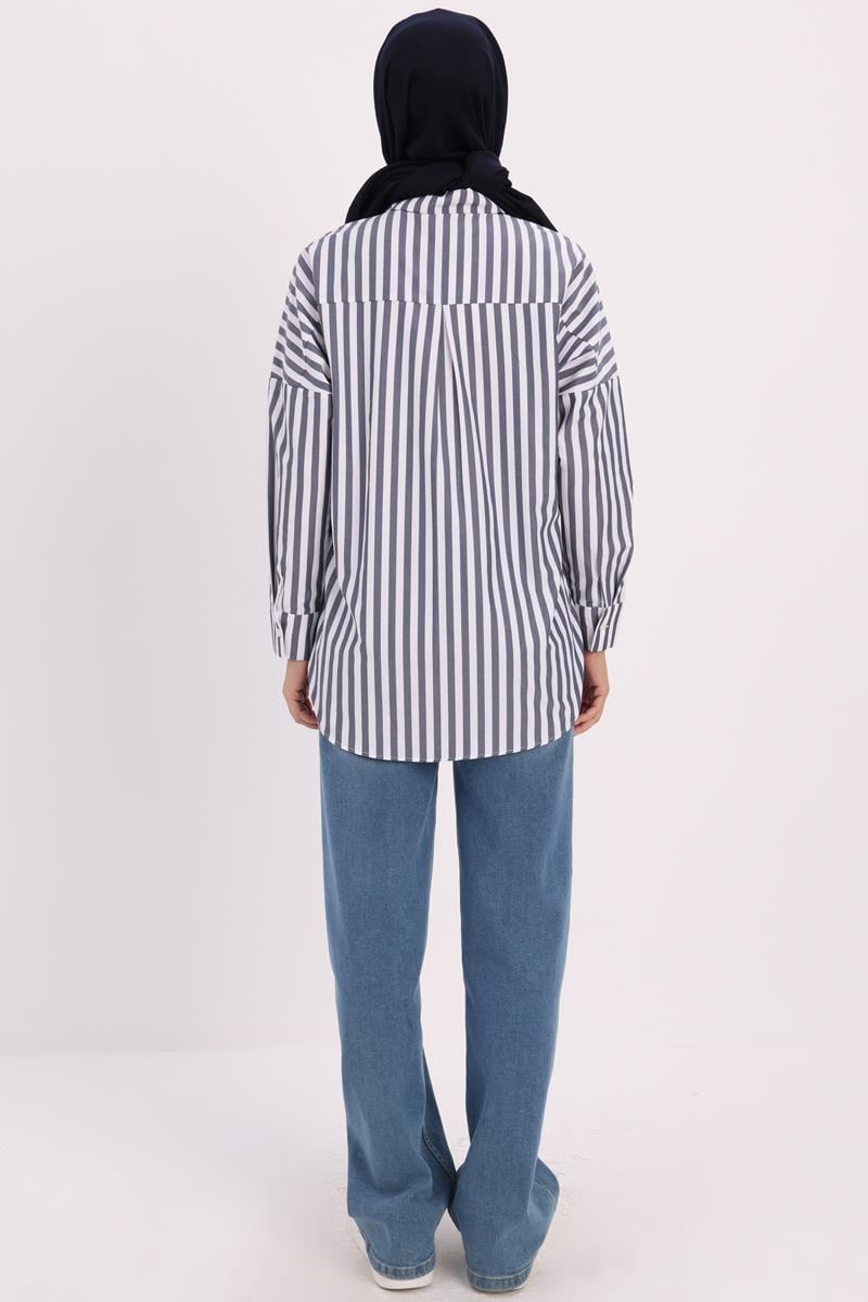 Navy Blue-White-Oversize Basic Shirt